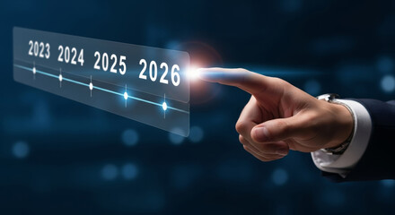 Business leadership goals finance timeline concept showing future planning and strategic forecast for 2026 with finger pointing at year and illuminated milestone creating confident optimistic mood