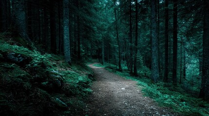 Obraz premium Dark Green Mysterious Forest Path, Gloomy Natural Landscape Background Material