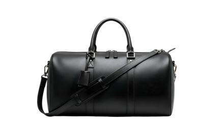 Sleek, black leather duffel bag with shoulder strap sits against a solid black background
