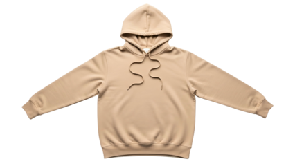 Plain beige casual pullover garment with hood is displayed against a black background