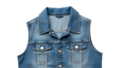 Close up view highlights details of a blue sleeveless upper garment made from fabric