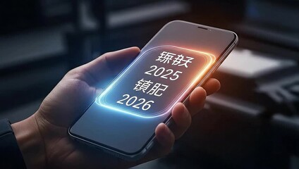 Hand holding mobile phone displaying financial forecast for 2025 and 2026, Chinese text, planning business strategy, modern technology, future trends - Powered by Adobe