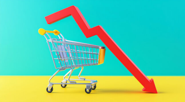 Shopping cart with red downward arrow depicting consumer spending drop and economic concern in colorful studio setting