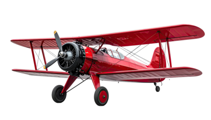 Red biplane, front view with propeller, on black background