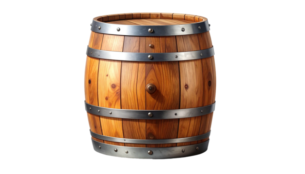 Light brown barrel with metal hoops on a black background