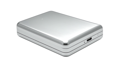 Silver, rectangular electronic device on black