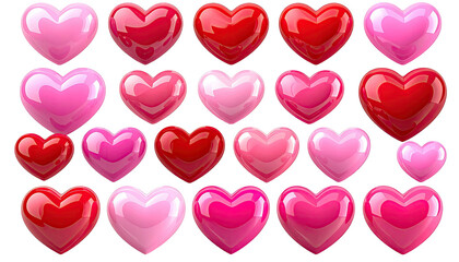 Glossy hearts in varying pinks and reds float on black