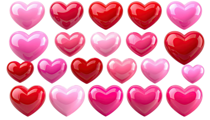 Glossy hearts in varying pinks and reds float on black