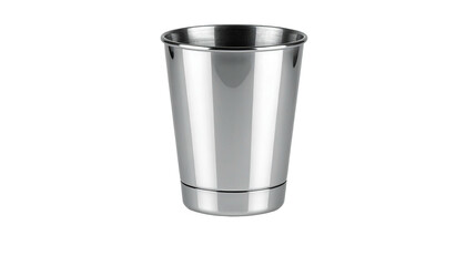 Shiny metal tumbler with stepped base, centered on black