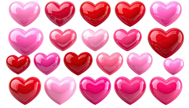 Glossy hearts in varying pinks and reds float on black