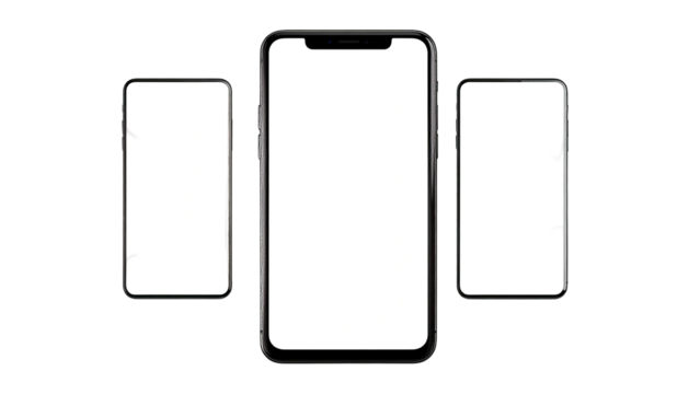 Three phones; center blank-screen. Side ones blurred. Black bkgrnd