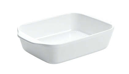 White, rectangular baking dish angled on a dark background