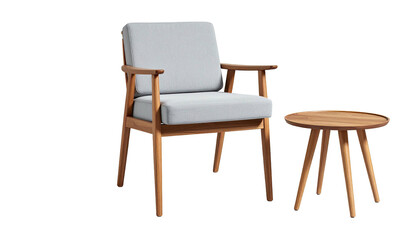 Light gray cushion chair beside round wooden end table on black