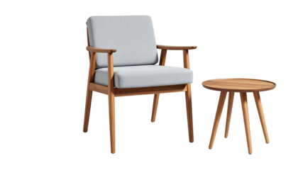 Light gray cushion chair beside round wooden end table on black