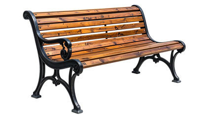 Wooden park bench with ornate black metal frame