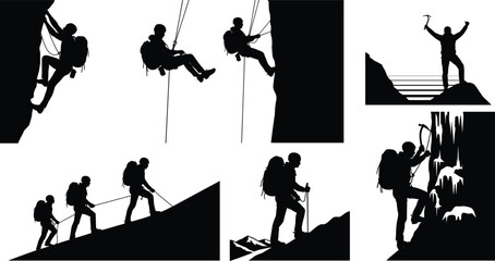 Silhouette, mountain climbers, rappelling, summit pose, teamwork, adventure, rope climbing, alpine ascent, hiking gear, mountaineering, cave exploration, success, determination, cliff descent, 