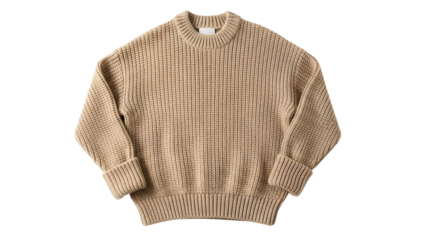 Thickly knitted warm garment featuring a crew neck and turned up cuffs displayed against a dark background