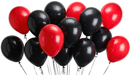 Cluster of shiny red and black balloons against a dark background