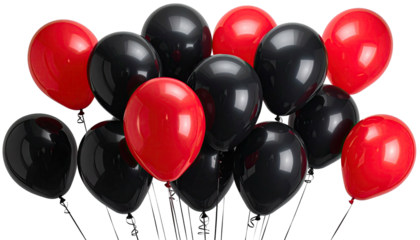 Cluster of shiny red and black balloons against a dark background