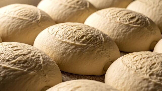 Closeup of raw bread dough balls arranged closely showing textured surfaces