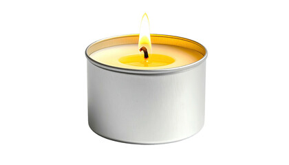 Lit votive candle burning in a small, silver container