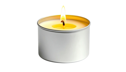 Lit votive candle burning in a small, silver container