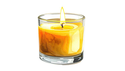 Lit yellow candle in short glass, golden tones, warm glow