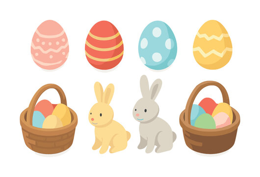 Colorful easter eggs with baskets and bunnies on white background