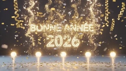 Glowing "Bonne Ann?e 2026" with confetti and celebratory lights. A new year's eve concept - Powered by Adobe