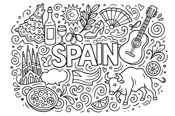 Vector doodle background in black and white, inspired by Spanish culture and traditions, including guitars, bulls, castles, and classic patterns forming a creative composition.