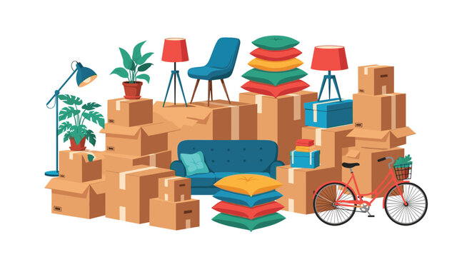 Household items like a couch, lamps, plants, and a bicycle are packed amidst cardboard boxes, depicting the process of moving or storage.