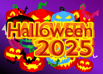 Halloween 2025. Pumpkin Jack O' Lantern and bat background wallpaper with gradient colors.