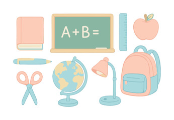 Pastel school supplies: chalkboard, backpack, globe, and more for creative learning