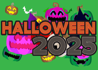Halloween 2025. Pumpkin Jack O' Lantern and bat background wallpaper with gradient colors.