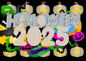 Halloween 2025. Pumpkin Jack O' Lantern and bat background wallpaper with gradient colors.