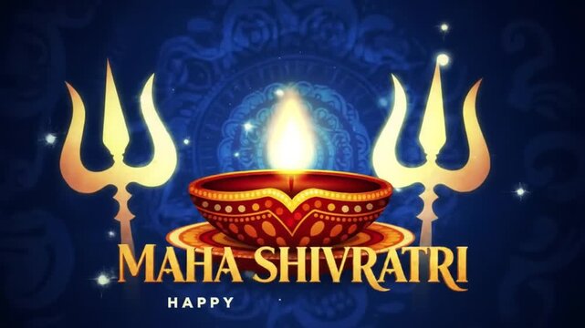Happy Maha Shivratri Vector Background: Divine Lord Shiva Trident (Trishul) and Glowing Diya Lamp Indian Festival Greeting Card