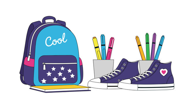 A cheerful illustration of essential school items, including a blue backpack, purple sneakers, and colorful pens in holders, set against a white background.