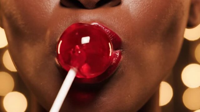 Closeup shows a person with red glossy lips holding a red lollipop in their mouth against a bokeh background
