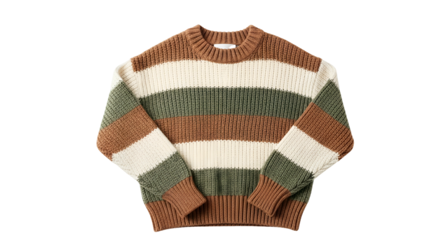 Knitted pullover garment displays horizontal stripes in earthy and neutral tones