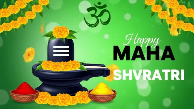 Happy Maha Shivratri Vector Illustration | Shivlingam, Om Symbol, and Marigold Flower Garland on Green Background