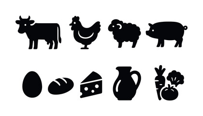 Farm animals and food icons: cow, chicken, sheep, pig, eggs, bread, cheese, milk, vegetables