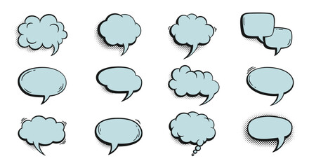 Fototapeta premium Set of various comic style speech bubbles and thought balloons with halftone shading effects, isolated on white.