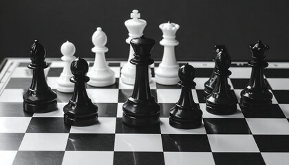 Black and white chessboard scene with pieces in a standoff position