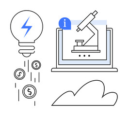 Light bulb with currency coins, microscope inside laptop, and cloud icon. Ideal for research, technology, innovation, investment, education cloud computing digital transformation. Simple flat