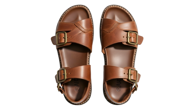 A pair of brown leather buckled sandals displayed from a top view against a solid black background