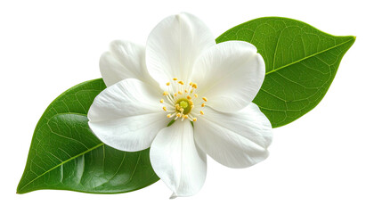 Obraz premium Delicate white flower with green leaves against a dark background