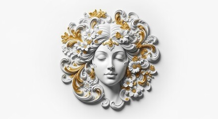 Luxurious bas-relief sculpture of beautiful woman's face. Ornate floral hair with black and gold leaf details on white textured wall. Elegant mythological art.