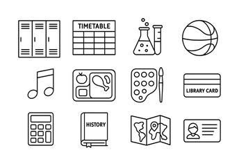 School icons: locker, timetable, chemistry, basketball, music, lunch, art, library, calculator, history, map, id
