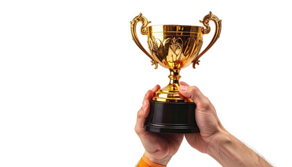Hands holding golden trophy. Black background. Success.