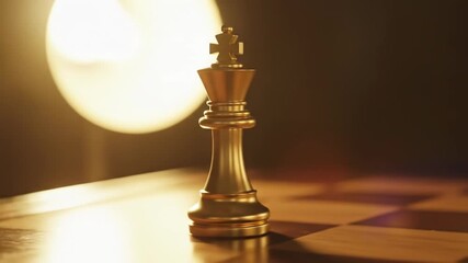 Golden chess king piece stands centered on a wooden chessboard, lit by warm light - Powered by Adobe